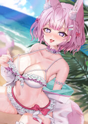 Rule 34 | 1girl, :3, absurdres, animal ear fluff, animal ears, antenna hair, armlet, armpit crease, bare shoulders, beach, bikini, bikini pull, blue sky, blurry, blurry background, blush, bow, braid, breasts, chierishu, choker, cleavage, clothes pull, cloud, cloudy sky, collarbone, commentary, eyelashes, fingernails, frilled bikini, frilled choker, frills, green hoodie, hair bow, hair ornament, hakui koyori, hakui koyori (summer), heart, heart-shaped gem, heart in eye, hexagon print, highres, hololive, hood, hoodie, innertube, large breasts, lens flare, long fingernails, looking at viewer, medium hair, nail polish, navel, ocean, open mouth, outdoors, palm tree, pink bow, pink choker, pink gemstone, pink hair, pink innertube, pink nails, pulling own clothes, purple eyes, sitting, sky, smile, solo, stomach, sweat, swim ring, swimsuit, symbol in eye, tail, thighs, tongue, tongue out, tree, two-tone choker, two-tone hoodie, virtual youtuber, white bikini, white choker, white hoodie, wolf ears, wolf girl, wolf tail