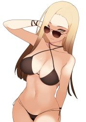 Rule 34 | 1girl, arm up, bad id, bad pixiv id, bikini, black bikini, blonde hair, breasts, brown bikini, brown hair, cleavage, closers, collarbone, cowboy shot, criss-cross halter, gradient hair, halterneck, hand in own hair, harpy (closers), has bad revision, large breasts, long hair, looking at viewer, looking over eyewear, looking over glasses, minma, mole, mole under eye, multi-strapped bikini, multicolored hair, navel, parted lips, side-tie bikini bottom, simple background, smile, solo, sunglasses, swimsuit, tinted eyewear, tsurime, white background