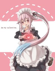 Rule 34 | 10s, 1girl, alternate costume, alternate headwear, apron, blue hair, brown footwear, english text, enmaided, frills, gradient hair, hair between eyes, hair flaps, hair ornament, hair ribbon, harusame (kancolle), heart, heart hands, higeno shinshi, kantai collection, leg lift, loafers, long hair, long sleeves, looking at viewer, maid, maid apron, maid headdress, moe moe kyun!, multicolored hair, open mouth, pink hair, red eyes, ribbon, shoes, side ponytail, skirt, smile, solo, teeth, valentine, very long hair, white legwear