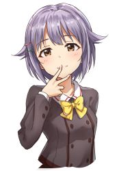 Rule 34 | 10s, 1girl, absurdres, blush, bow, bowtie, brown eyes, buttons, collar, commentary, cropped torso, fingers to mouth, hair flaps, hair ornament, hairclip, highres, idolmaster, idolmaster cinderella girls, koshimizu sachiko, light purple hair, long sleeves, looking at viewer, school uniform, short hair, simple background, smile, solo, takeashiro, white background, yellow bow, yellow bowtie