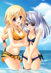 Rule 34 | 10s, 2girls, bikini, bikini skirt, blonde hair, blush, braid, breasts, charlotte dunois, cleavage, eyepatch, front-tie top, highres, infinite stratos, jewelry, laura bodewig, long hair, multiple girls, pendant, purple eyes, red eyes, shiny skin, silver hair, small breasts, staryume, swimsuit, twintails