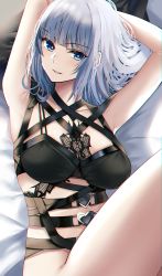 Rule 34 | 1girl, absurdres, armpits, arms behind head, blue eyes, blush, bondage outfit, breasts, highres, hime cut, long hair, looking at viewer, nicky w, original, parted lips, silver hair, smile, solo