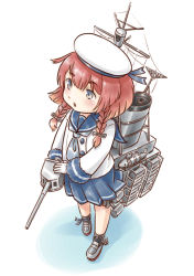 Rule 34 | 10s, 1girl, anklet, blue eyes, blue neckerchief, blue ribbon, blue sailor collar, blue skirt, braid, buttons, cannon, depth charge, depth charge projector, etorofu (kancolle), gloves, hat, highres, jewelry, kantai collection, karasu (naoshow357), long sleeves, machinery, mary janes, neckerchief, open mouth, pleated skirt, red hair, ribbon, sailor collar, sailor hat, school uniform, serafuku, shoes, short hair, skirt, smokestack, solo, thick eyebrows, turret, twin braids, white gloves, white hat