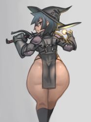 Rule 34 | 1girl, ass, blue hair, commentary, from behind, grey background, hat, highres, kelvin hiu, looking at viewer, looking back, original, purple eyes, short hair, simple background, solo, sword, thighs, weapon, wide hips, witch hat