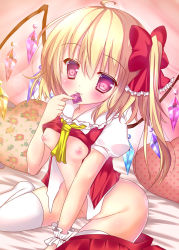 Rule 34 | 1girl, ahoge, bad id, bad pixiv id, blonde hair, blush, bow, breasts, clothes lift, condom, condom in mouth, condom wrapper, flandre scarlet, hair bow, long hair, mouth hold, nipples, ponytail, red eyes, rika-tan (rikatantan), shirt lift, short hair with long locks, short sleeves, sitting, small breasts, smile, solo, thighhighs, touhou, undressing, wariza, white thighhighs, wings, wrist cuffs