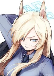 Rule 34 | 1girl, animal ear fluff, animal ears, blonde hair, blue archive, blue eyes, blue halo, blue necktie, blue shirt, breasts, collared shirt, dog ears, hair over one eye, halo, kanna (blue archive), long hair, looking at viewer, medium breasts, mell 716, necktie, police, police uniform, policewoman, sharp teeth, shirt, sidelocks, simple background, solo, teeth, uniform, very long hair, white background