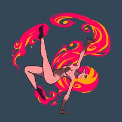Rule 34 | 1girl, akairiot, arm up, breasts, brenna (akairiot), colored sclera, completely nude, dancing, fiery hair, fire, full body, grey background, hair over one eye, legs up, long hair, medium breasts, navel, nude, original, pointy ears, red eyes, simple background, smile, solo, yellow sclera