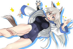 Rule 34 | 2girls, animal ears, bad id, bad pixiv id, barefoot, blush, blush stickers, breasts, camera, chibi, covered navel, dutch angle, eila ilmatar juutilainen, covered erect nipples, artistic error, feet, grey hair, large breasts, long hair, multiple girls, navel, no pants, one-piece swimsuit, open mouth, sanya v. litvyak, satou atsuki, school swimsuit, shadow, star (symbol), strike witches, sweatdrop, swimsuit, swimsuit under clothes, tail, taut clothes, taut swimsuit, upshirt, world witches series