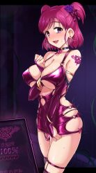 Rule 34 | 1girl, arm between breasts, armlet, between breasts, blush, bodycon, breasts, collar, commission, heart, highres, jewelry, large breasts, looking at viewer, medium hair, open mouth, pink hair, precure, purple eyes, ring, skeb commission, solo, sweatdrop, tattoo, twogie, vibrator, vibrator under clothes, yes! precure 5, yumehara nozomi