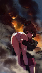 Rule 34 | 10s, 2girls, a1 (initial-g), absurdres, agent aika, aika (series), blazer, brown eyes, brown hair, carrying, closed mouth, cowboy shot, fire, garrison cap, girls und panzer, hand on another&#039;s thigh, hat, highres, itsumi erika, jacket, kuromorimine military uniform, long sleeves, looking at viewer, military, military vehicle, motor vehicle, multiple girls, nishizumi maho, open mouth, panties, parody, pleated skirt, red skirt, short hair, shoulder carry, skirt, smoke, tank, unconscious, underwear, white panties