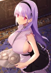 Rule 34 | 1girl, apron, azur lane, bad id, bad pixiv id, black skirt, breasts, carpet, center frills, chacha rw, dido (azur lane), frills, hair behind ear, holding, holding tray, indoors, large breasts, long hair, looking at viewer, pink eyes, purple hair, shirt, sideboob, skirt, sleeveless, sleeveless shirt, solo, tray, waist apron, white apron, white shirt