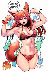 Rule 34 | 2017, :d, abs, animal ears, bikini, blue eyes, bracelet, breasts, brown bikini, brown hair, commentary request, flexing, jewelry, korean text, long hair, medium breasts, one eye closed, open mouth, original, psychicjin, smile, solo, swept bangs, swimsuit, tail, translation request