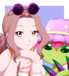 Rule 34 | 2girls, digimon, glasses on head, hat, highres, looking at viewer, multiple girls, palmon, petals, plant, smile, tachikawa mimi
