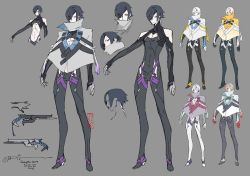 Rule 34 | 1boy, alternate color, bare shoulders, black hair, character sheet, closed mouth, clothing cutout, collarbone, covered navel, eyepatch, grey background, gun, highres, madiblitz, male focus, multiple views, navel, original, shoulder cutout, signature, simple background, standing, turtleneck, weapon
