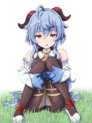 Rule 34 | 1girl, ahoge, bare shoulders, bell, black bodysuit, black gloves, blue hair, blush, bodice, bodysuit, commentary request, cowbell, dadamori, detached sleeves, ganyu (genshin impact), genshin impact, gloves, goat horns, grass, horns, long hair, looking at viewer, open mouth, plant, purple eyes, shoes, sitting, solo, white background, white footwear