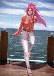 Rule 34 | 1girl, arm support, casual, collarbone, commentary request, contemporary, fate/extra, fate/grand order, fate (series), francis drake (fate), tucking hair, highres, jewelry, light smile, mugetsu2501, necklace, off-shoulder shirt, off shoulder, pants, pink hair, red shirt, sandals, scar, scar on face, shirt, solo, white pants