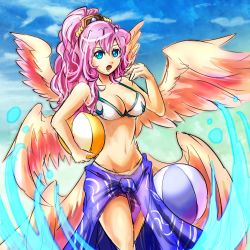 Rule 34 | 1girl, :o, angel wings, archangel metatron (p&amp;d), ball, beach, beachball, bikini, blue eyes, blue sky, breasts, cleavage, cloud, dashinoya, day, feathered wings, groin, holding, holding ball, large breasts, long hair, low wings, multiple wings, navel, open mouth, outdoors, pink hair, ponytail, puzzle &amp; dragons, sarong, sky, solo, swimsuit, towel, water, wavy hair, white bikini, wings, yuki-obake