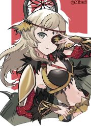 Rule 34 | ahoge, black feathers, blonde hair, bodystocking, breasts, eyepatch, feathers, fire emblem, fire emblem fates, fire emblem heroes, grey eyes, highres, long hair, medium breasts, nanjolks live19, navel, nintendo, o-ring, official alternate costume, ophelia (fire emblem), puffy sleeves, swept bangs, upper body