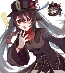 Rule 34 | !, 1girl, black nails, black shorts, blush, brown hair, chibi, chibi inset, chinese clothes, flower, flower-shaped pupils, genshin impact, gradient hair, hat, hat ornament, highres, hu tao (genshin impact), jewelry, long hair, long sleeves, looking at viewer, multicolored hair, open mouth, plum blossoms, porkpie hat, red eyes, red shirt, reference inset, ring, shirt, shorts, sidelocks, simple background, symbol-shaped pupils, thighs, twintails, white background, xxchicoxxf