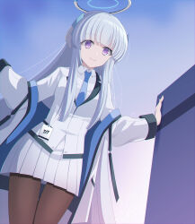 Rule 34 | 1girl, arm support, black pantyhose, blazer, blue archive, blunt bangs, coat, collared shirt, commentary, eko, grey hair, halo, headgear, highres, jacket, long hair, long sleeves, looking at viewer, necktie, noa (blue archive), pantyhose, pleated skirt, purple eyes, school uniform, shirt, sidelocks, simple background, skirt, smile, solo, white coat, white skirt
