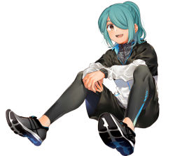 Rule 34 | 1boy, blue hair, blush, full body, hair over one eye, inazuma eleven, inazuma eleven (series), jacket, kazemaru ichirouta, long hair, looking at viewer, male focus, open mouth, ponytail, shoes, shorts, simple background, sitting, smartwatch, smile, sneakers, solo, spandex, sportswear, tomo (sjim), white background, wristwatch