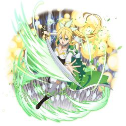 Rule 34 | 1girl, blonde hair, boots, bracelet, breasts, brown footwear, choker, cleavage, closed mouth, collarbone, detached sleeves, floating hair, frown, full body, green eyes, hair between eyes, hair ornament, highres, holding, holding sword, holding weapon, jewelry, knee boots, large breasts, leafa, long hair, long sleeves, looking at viewer, official art, pointy ears, ponytail, running, shorts, solo, sword, sword art online, thighhighs, transparent background, very long hair, weapon, white shorts, white sleeves, white thighhighs, zettai ryouiki