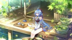 Rule 34 | 1girl, ahoge, bare shoulders, bell, black gloves, blue hair, bow, breasts, chinese knot, detached sleeves, feet in water, flower knot, ganyu (genshin impact), genshin impact, gloves, gold trim, hand fan, highres, horns, ktm, long hair, looking at another, low ponytail, medium breasts, neck bell, no legwear, purple eyes, sidelocks, sitting, smile, soaking feet, solo, tassel, tea, teapot, thighs, vision (genshin impact), white sleeves
