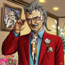 Rule 34 | 1boy, 2012, adjusting eyewear, bald, beard, blue eyes, cat, closed eyes, dated, facial hair, flower, framed, glasses, looking at viewer, male focus, matataku, monita (matataku), mustache, original, photo (object), picture frame, realistic, rose, solo, too many, too many cats, tuxedo, upper body, what