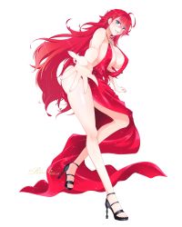 Rule 34 | 1girl, absurdres, artist name, black footwear, blue eyes, breasts, cleavage, collar, dress, feet, female focus, full body, high heels, high school dxd, highres, jewelry, large breasts, long hair, looking at viewer, necklace, no bra, open mouth, outstretched hand, red dress, red hair, ria a9, rias gremory, sideboob, signature, smile, solo, toeless footwear, toes, tongue
