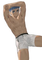 Rule 34 | 1boy, bishounen, blue eyes, blue hair, bulge, commentary request, feet out of frame, highres, looking at viewer, male focus, male underwear, ming feng (disx sleep), nipples, original, pectorals, short hair, simple background, solo, stomach, thighs, toned, toned male, topless male, underwear, white background, white male underwear