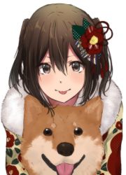 Rule 34 | blush, brown eyes, brown hair, commentary request, dog, fur collar, hair between eyes, hair ornament, kantai collection, looking at viewer, multicolored clothes, rinto (rint rnt), sendai (kancolle), short hair, simple background, solo, tongue, tongue out, white background