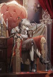 Rule 34 | 1girl, absurdres, arknights, ascot, black ascot, black dress, brown eyes, candlestand, commentary request, dress, hand on hilt, highres, horns, long sleeves, looking at viewer, meganeno dokitsui, silver hair, sitting, solo, sword, tagme, tail, talulah (arknights), throne, weapon