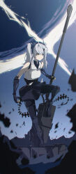 Rule 34 | 1girl, absurdres, bare shoulders, black skirt, closed mouth, grey hair, hair ornament, headgear, highres, holding, holding weapon, huge weapon, karenina: scire (maleficent) (punishing: gray raven), karenina (punishing: gray raven), long hair, mechanical arms, mechanical legs, mechanical tail, night, night sky, postalworks, punishing: gray raven, shirt, skirt, sky, tail, two side up, weapon, white shirt, x hair ornament, yellow eyes