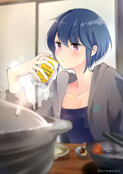 Rule 34 | 1girl, absurdres, aged up, alcohol, blue hair, blurry, blurry background, blurry foreground, can, depth of field, food, highres, hood, hoodie, mint (mintlemonade3), nabe, purple eyes, shima rin, short hair, solo, yurucamp, yurucamp movie