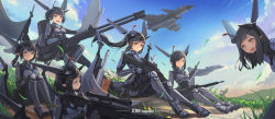 Rule 34 | absurdres, aircraft, airplane, black hair, bodysuit, breasts, cannon, fighter jet, gun, highres, holding, holding weapon, j-10, jet, long hair, looking at viewer, machine gun, mecha musume, military, military vehicle, missile, multiple girls, original, pointy ears, ponytail, rifle, short hair, sima naoteng, sitting, smile, sniper rifle, weapon, wind, yellow eyes