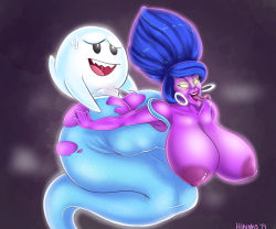 Rule 34 | 1boy, 1girl, aged up, ass, blue dress, blue robe, boo (mario), breasts, breasts out, colored skin, dress, ear piercing, ghost, hellen gravely, highres, hikinks, huge ass, huge breasts, huge penis, large breasts, lipstick, long hair, looking at viewer, luigi&#039;s mansion, makeup, mario (series), monster girl, nintendo, nipples, old, old woman, open mouth, penis, piercing, purple skin, red lips, robe, sex, sex from behind, smile, tongue, tongue out, torn clothes, torn dress, veins, veiny penis