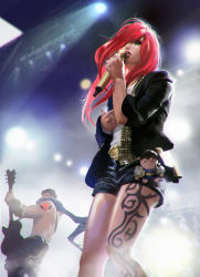 Rule 34 | 1girl, alternate costume, belt, doll, garen (league of legends), green eyes, guitar, highres, image sample, instrument, katarina (league of legends), league of legends, long hair, microphone, open mouth, red hair, scar, scarf, scarf over mouth, topless male, short hair, tattoo, zippo514