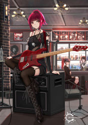 Rule 34 | 3girls, amplifier, bass guitar, boots, brick wall, cable, fender jazz bass, garter straps, goth fashion, high heel boots, high heels, highres, indoors, instrument, jimi hendrix, knee boots, long sleeves, multiple girls, original, platform boots, platform footwear, platform heels, red eyes, red hair, scenery, sitting, sitting on object, the who, thighhighs, thighhighs under boots, yuzuriha (atelier liang)