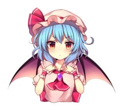 Rule 34 | 1girl, ascot, bat wings, blush, brooch, commentary request, cropped torso, frilled shirt collar, frills, hands up, hat, hat ribbon, jewelry, looking at viewer, mob cap, pink hat, puffy short sleeves, puffy sleeves, red ascot, red ribbon, remilia scarlet, ribbon, ruhika, short hair, short sleeves, simple background, solo, touhou, upper body, v-shaped eyebrows, white background, wings