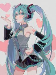 Rule 34 | 1girl, black skirt, blouse, blush, breasts, clenched hands, collared shirt, commentary, detached sleeves, grey background, grey shirt, hand on own hip, hatsune miku, headset, heart, long hair, lunar (lunar 815), puckered lips, shirt, skirt, sleeveless, sleeveless shirt, small breasts, solo, twintails, very long hair, vocaloid