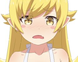 Rule 34 | 1girl, bare shoulders, blonde hair, blush, blush stickers, camui1104, collarbone, fang, hair flaps, highres, long hair, monogatari (series), nose blush, open mouth, oshino shinobu, pointy ears, portrait, simple background, skin fang, solo, white background, yellow eyes