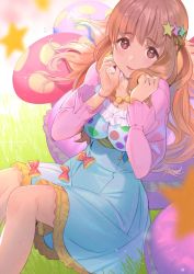 Rule 34 | 1girl, :3, bad id, bad pixiv id, blue dress, bracelet, breasts, brown eyes, brown hair, cleavage, commentary request, dress, grass, hair ornament, hands up, highres, idolmaster, idolmaster cinderella girls, jacket, jewelry, koyoi mitsuki, long hair, looking at viewer, medium breasts, moroboshi kirari, parted lips, pink jacket, smile, solo, star (symbol), star hair ornament