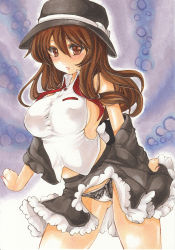 Rule 34 | 1girl, absurdres, blush, breasts, brown eyes, brown hair, clothes lift, cowboy shot, female focus, gluteal fold, hat, hat ribbon, highres, jacket, lace, lace-trimmed panties, lace trim, large breasts, long hair, looking at viewer, marker (medium), no bra, off shoulder, open clothes, open jacket, panties, pantyshot, ribbon, shirt, sideboob, skirt, skirt lift, sleeveless, sleeveless shirt, solo, standing, thighs, touhou, traditional media, underwear, usami renko, white panties, wind, wind lift, yurun