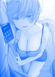 Rule 34 | 1boy, 1girl, blue theme, breasts, camisole, cellphone, cleavage, collarbone, commentary, commentary request, disembodied hand, getsuyoubi no tawawa, gimai-chan&#039;s stepbrother (tawawa), gimai-chan (tawawa), highres, himura kiseki, ios (os), iphone x, large breasts, messy hair, parted lips, phone, pov, short hair, shorts, smartphone, solo, step-siblings, sweatdrop, thighs, translated