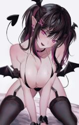 Rule 34 | 1girl, assertive female, blush, breasts, demon girl, gongnam, heart, heart-shaped pupils, highres, large breasts, looking at viewer, naughty face, original, smile, symbol-shaped pupils, tail, thong, wings