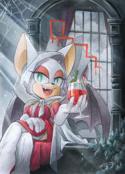 Rule 34 | 1girl, against mirror, alternate costume, boots, cape, crossed legs, dress, finik, furry, furry female, gloves, highres, indoors, looking at viewer, mirror, open mouth, red dress, rouge the bat, sharp teeth, silk, sitting, solo, sonic (series), spider web, teeth, upper teeth only, white cape, white footwear, white gloves