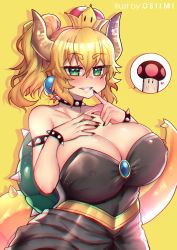 Rule 34 | 1girl, aqua eyes, armlet, artist name, bare shoulders, blonde hair, blush, borrowed design, bowsette, bracelet, breast suppress, breasts, brooch, choker, cleavage, collar, covered erect nipples, crown, dress, earrings, fang, finger to mouth, fingernails, hair between eyes, heart, heart in eye, highres, horns, huge breasts, jewelry, long fingernails, looking at viewer, mario (series), mushroom, nail polish, new super mario bros. u deluxe, nintendo, osiimi, phallic symbol, ponytail, sharp teeth, short hair, simple background, slit pupils, smile, spiked armlet, spiked bracelet, spiked choker, spiked shell, spiked tail, spikes, strapless, strapless dress, studded bracelet, studded collar, super crown, symbol in eye, tail, teeth, thick eyebrows, upper body, veins, yellow background