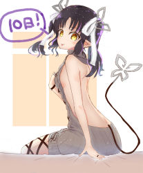 Rule 34 | 1girl, aran sweater, backless dress, backless outfit, bare back, black hair, black ribbon, blunt bangs, blush, breasts, cable knit, closed mouth, commentary request, demon girl, demon horns, demon tail, denshigomi, dress, feet out of frame, halterneck, highres, horns, jewelry, kojo anna, kojo anna (3rd costume), leg ribbon, long hair, looking at viewer, looking back, medium breasts, meme attire, multicolored hair, nanashi inc., official alternate costume, pointy ears, purple hair, ribbed sweater, ribbon, ring, sideboob, sitting, smile, solo, sugar lyric, sweater, sweater dress, tail, tongue, tongue out, turtleneck, turtleneck sweater, two-tone hair, virgin killer sweater, virtual youtuber, watch, wristwatch, yellow eyes