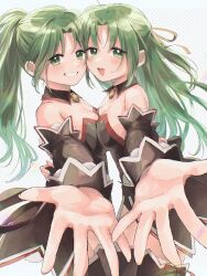 Rule 34 | 2girls, black dress, black thighhighs, breasts squeezed together, breasts, detached collar, detached sleeves, dress, green eyes, green hair, highres, higurashi no naku koro ni, light blush, long hair, long sleeves, looking at viewer, medium breasts, morisata, multiple girls, open mouth, outstretched hand, patterned background, ponytail, red ribbon, ribbon, smile, sonozaki mion, sonozaki shion, teeth, thighhighs, very long hair, wrist cuffs, yellow ribbon