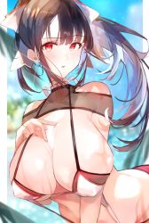 Rule 34 | 1girl, arm between breasts, azur lane, between breasts, bikini, black hair, breasts, covered erect nipples, hair ribbon, halterneck, hand on breast, hand on own chest, hanging breasts, highres, huge breasts, large breasts, leaning forward, looking at viewer, navel, ponytail, red eyes, ribbon, see-through, skindentation, solo, swimsuit, takao (azur lane), tomochi (tmc tmc8)
